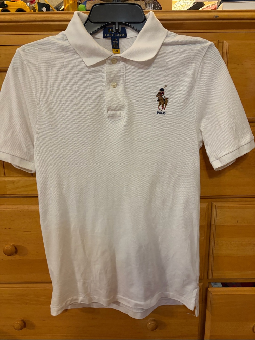Polo Ralph Lauren Boys White Cotton Mesh Polo w/Bear & Big Pony Size Large 14-16